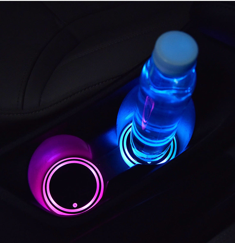 Premium 7-Color LED Car Cup Holder Coaster - Solar & USB Rechargeable with RGB Atmosphere Lighting