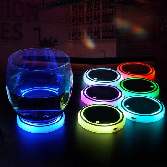 Premium 7-Color LED Car Cup Holder Coaster - Solar & USB Rechargeable with RGB Atmosphere Lighting