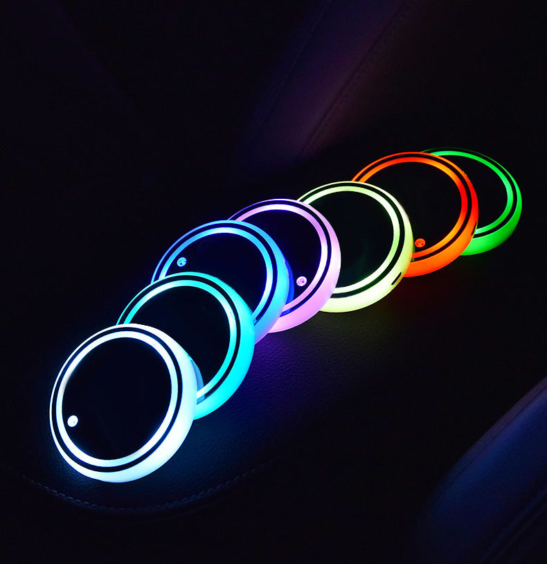 Premium 7-Color LED Car Cup Holder Coaster - Solar & USB Rechargeable with RGB Atmosphere Lighting
